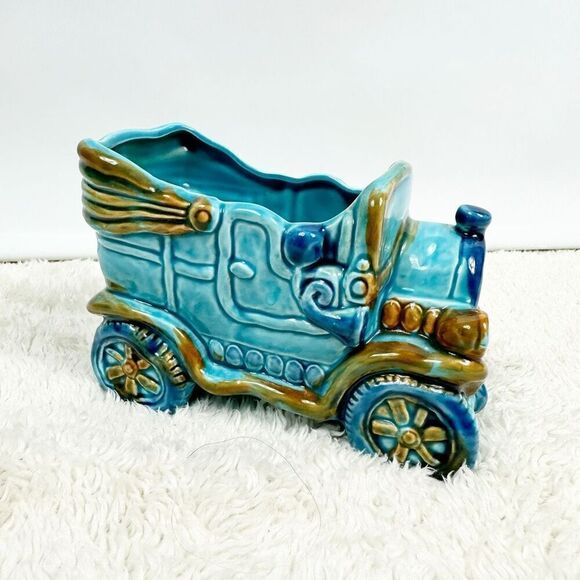 Vintage Rubens Blue Car Buggy Planter Japan Ceramic Footed Retro Whimical Decor - Picture 2 of 10